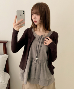 【SET】チェックリボンフリルキャミソール カーディガン BROWN