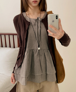 【SET】チェックリボンフリルキャミソール カーディガン BROWN