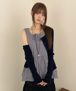 【SET】チェックリボンフリルキャミソール カーディガン NAVY