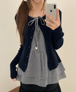 【SET】チェックリボンフリルキャミソール カーディガン NAVY
