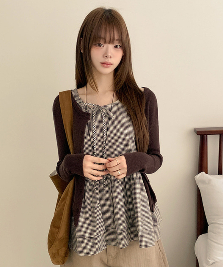 【SET】チェックリボンフリルキャミソール カーディガン BROWN