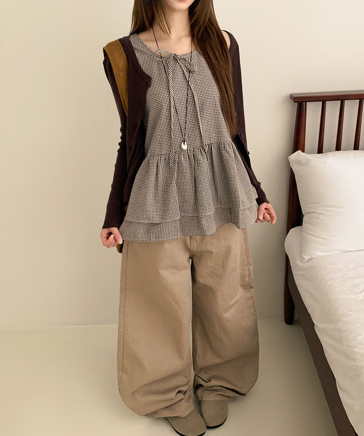 【SET】チェックリボンフリルキャミソール カーディガン BROWN