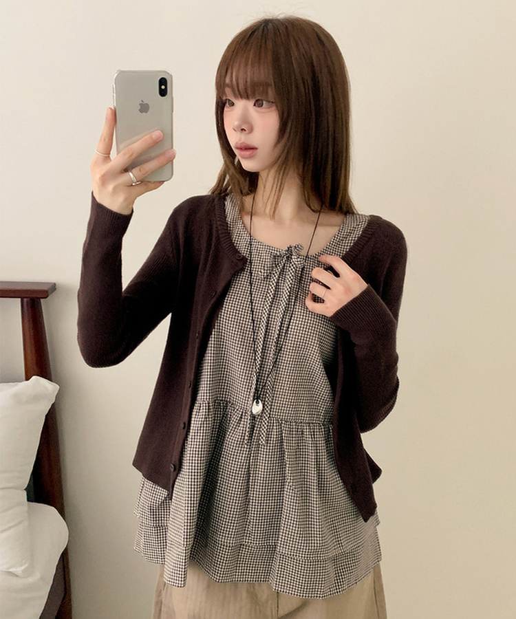 【SET】チェックリボンフリルキャミソール カーディガン BROWN