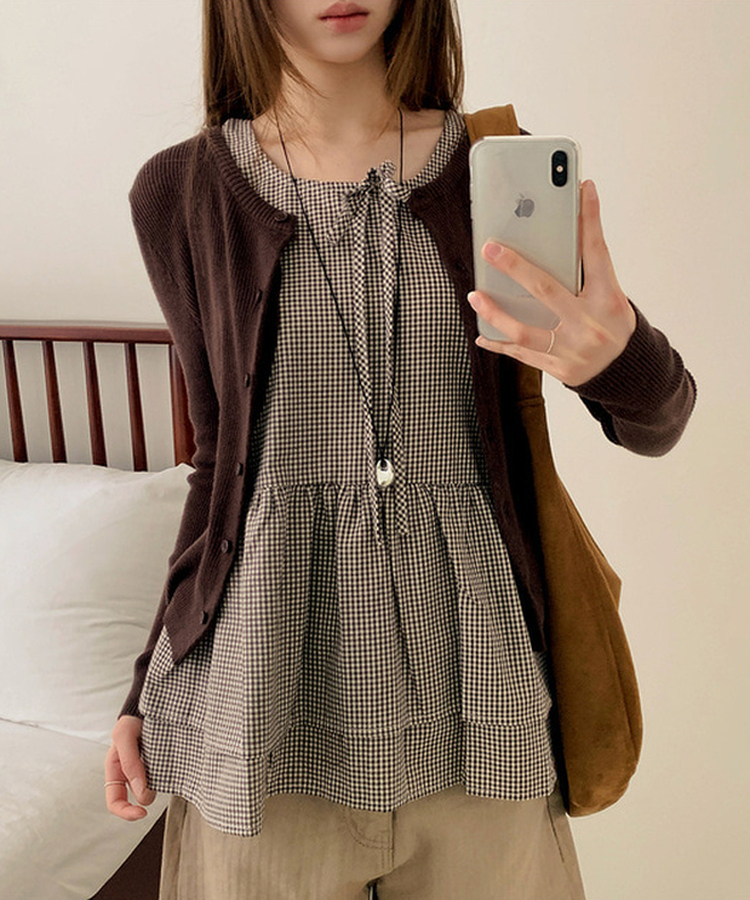 【SET】チェックリボンフリルキャミソール カーディガン BROWN