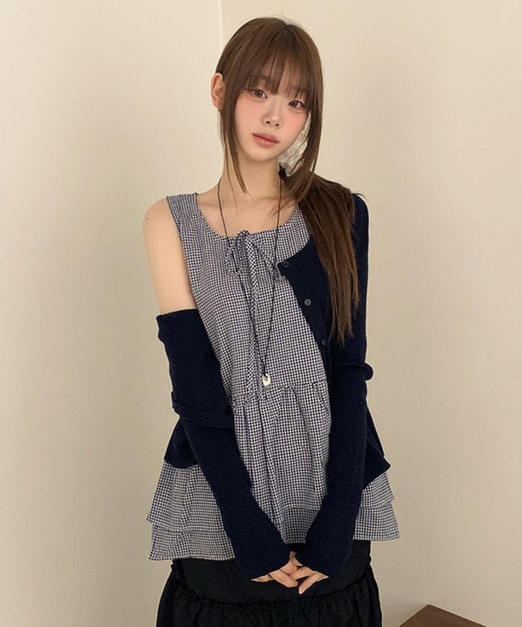 【SET】チェックリボンフリルキャミソール カーディガン NAVY