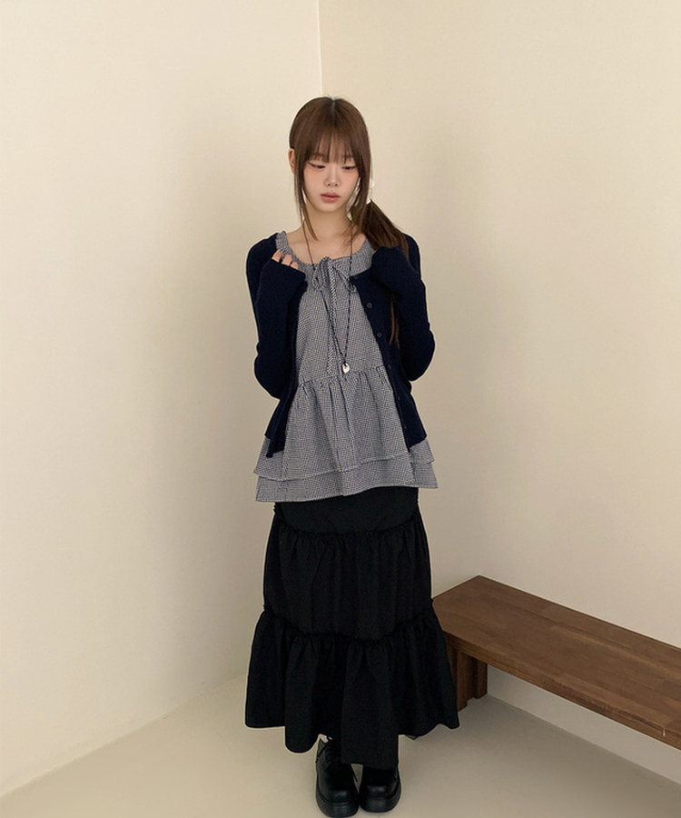 【SET】チェックリボンフリルキャミソール カーディガン NAVY