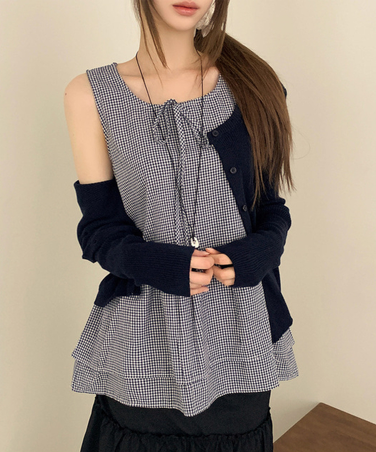 【SET】チェックリボンフリルキャミソール カーディガン NAVY