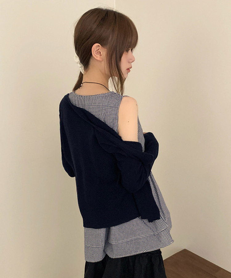 【SET】チェックリボンフリルキャミソール カーディガン NAVY