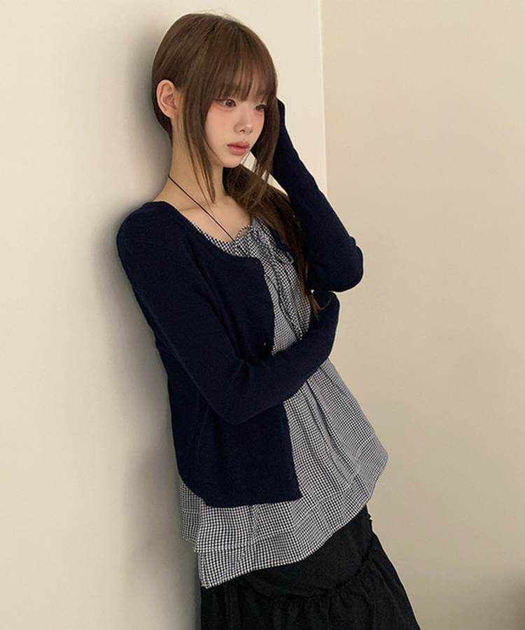 【SET】チェックリボンフリルキャミソール カーディガン NAVY