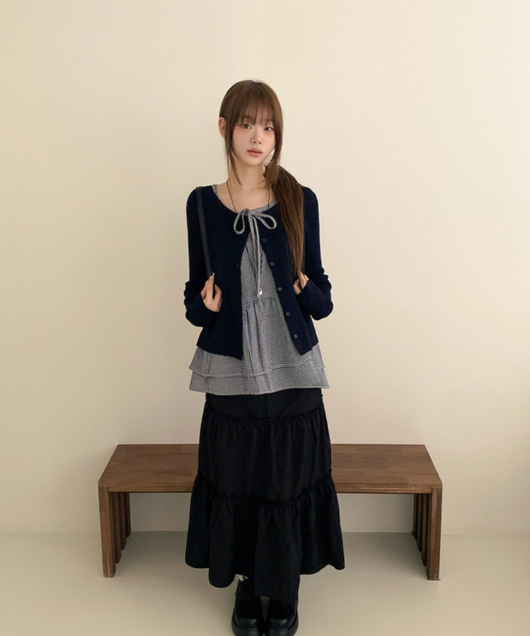 【SET】チェックリボンフリルキャミソール カーディガン NAVY