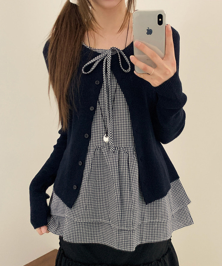 【SET】チェックリボンフリルキャミソール カーディガン NAVY