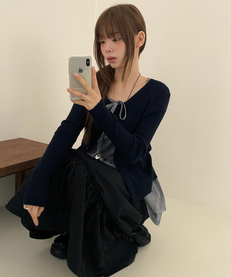 【SET】チェックリボンフリルキャミソール カーディガン NAVY