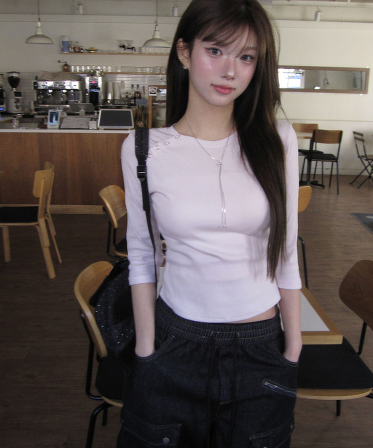 ボタンスナップ7分丈Tシャツ(5color) BABY PINK