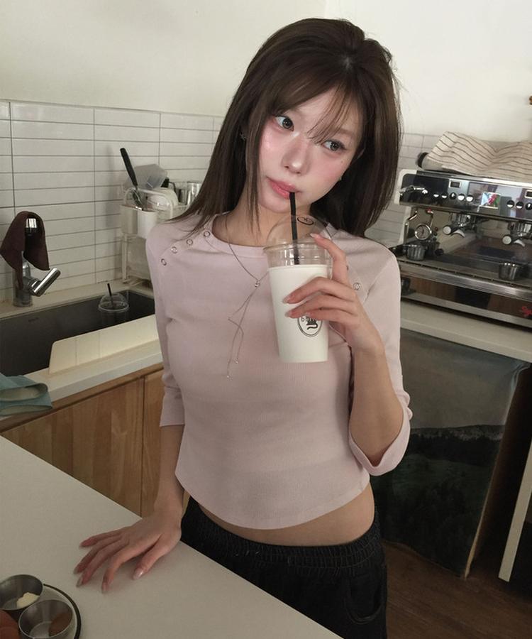 ボタンスナップ7分丈Tシャツ(5color) BABY PINK