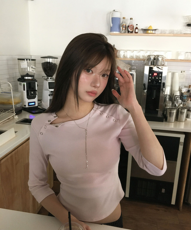 ボタンスナップ7分丈Tシャツ(5color) BABY PINK