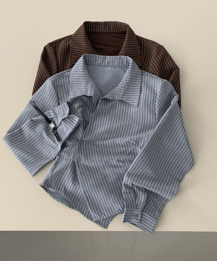 플래시 스웨이드 투버튼 스트라이프 슬림핏 랩 셔츠블라우스