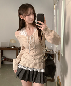 멜번 브이넥 꽈배기 롱 니트 베이지