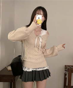 멜번 브이넥 꽈배기 롱 니트 베이지