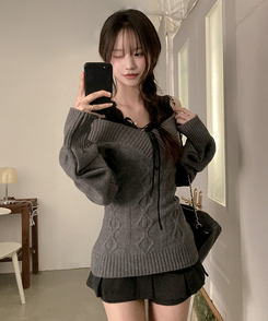 멜번 브이넥 꽈배기 롱 니트 그레이