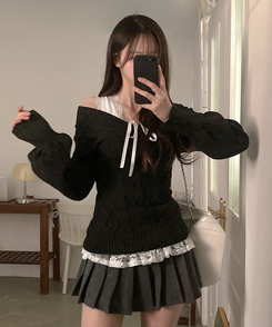 멜번 브이넥 꽈배기 롱 니트 블랙