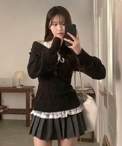 멜번 브이넥 꽈배기 롱 니트 블랙