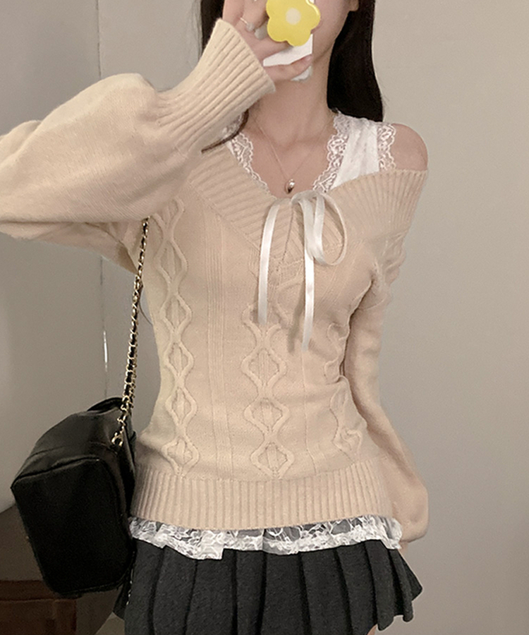 멜번 브이넥 꽈배기 롱 니트 베이지