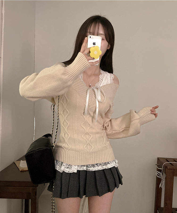 멜번 브이넥 꽈배기 롱 니트 베이지