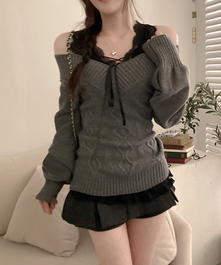 멜번 브이넥 꽈배기 롱 니트 그레이