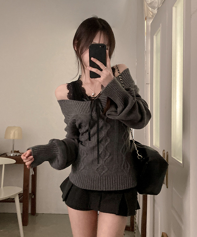 멜번 브이넥 꽈배기 롱 니트 그레이