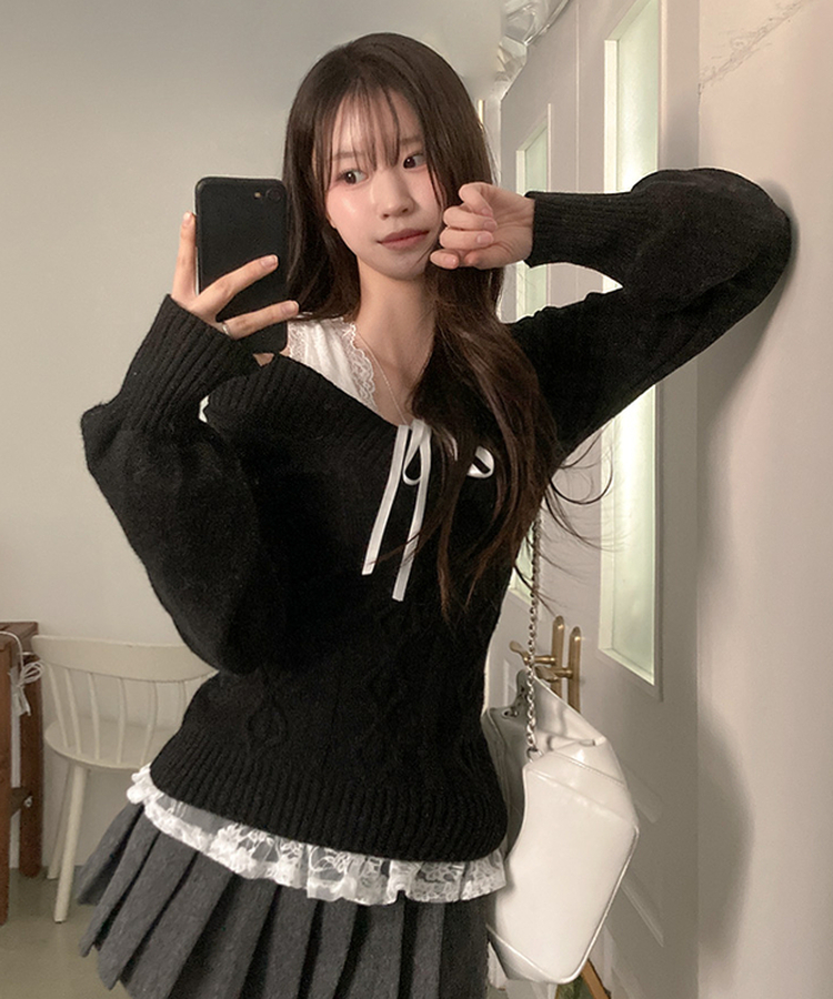 멜번 브이넥 꽈배기 롱 니트 블랙