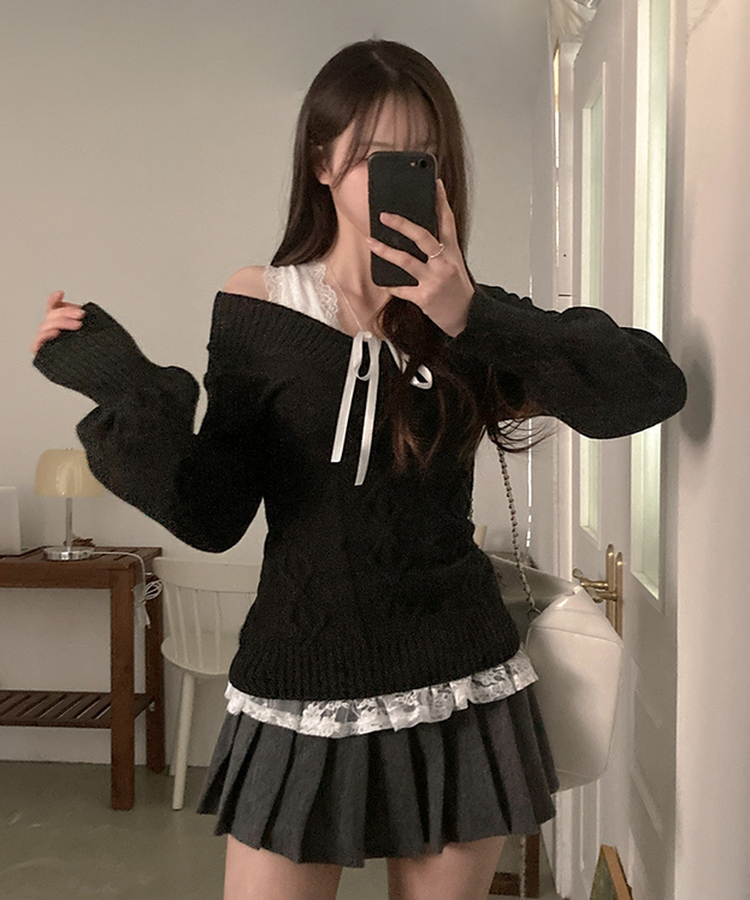 멜번 브이넥 꽈배기 롱 니트 블랙