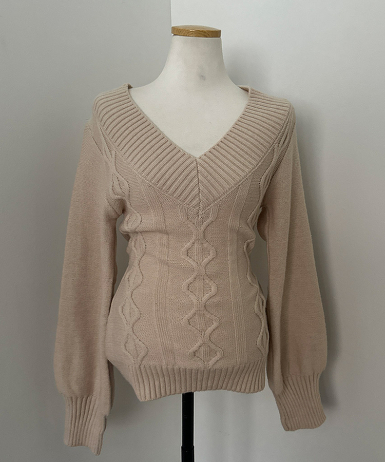 멜번 브이넥 꽈배기 롱 니트