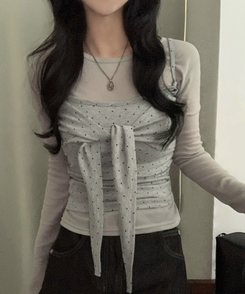 ソフドットチェックリボンキャミソール GREY