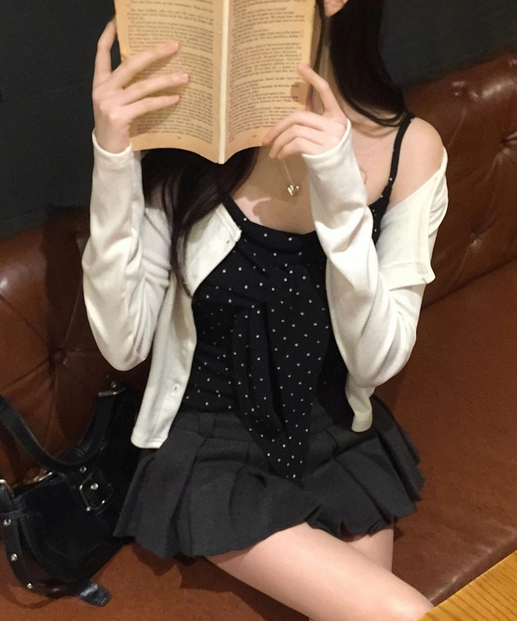 ソフドットチェックリボンキャミソール BLACK