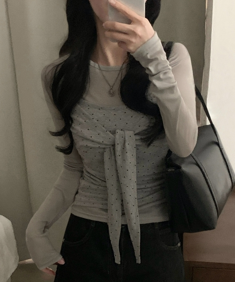 ソフドットチェックリボンキャミソール GREY