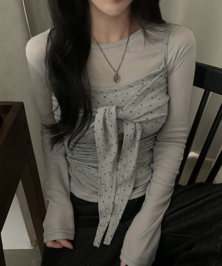 ソフドットチェックリボンキャミソール GREY