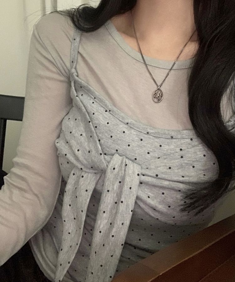 ソフドットチェックリボンキャミソール GREY