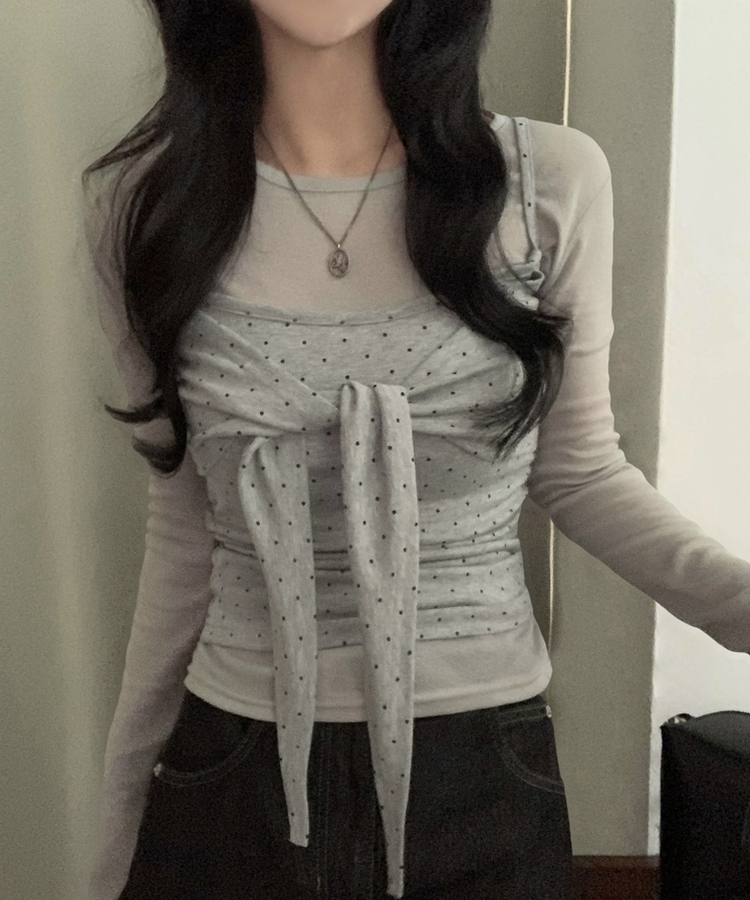 ソフドットチェックリボンキャミソール GREY