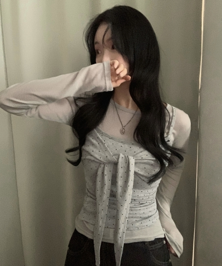 ソフドットチェックリボンキャミソール GREY