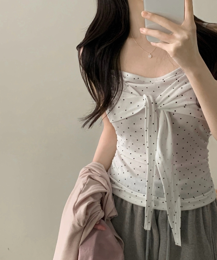 ソフドットチェックリボンキャミソール WHITE