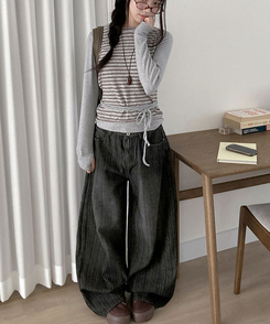 ストライプウォッシングワイドデニムパンツ BLACK