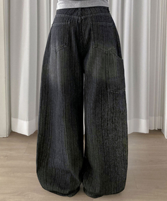 ストライプウォッシングワイドデニムパンツ BLACK