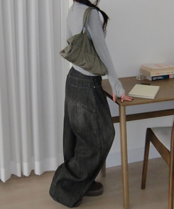 ストライプウォッシングワイドデニムパンツ BLACK