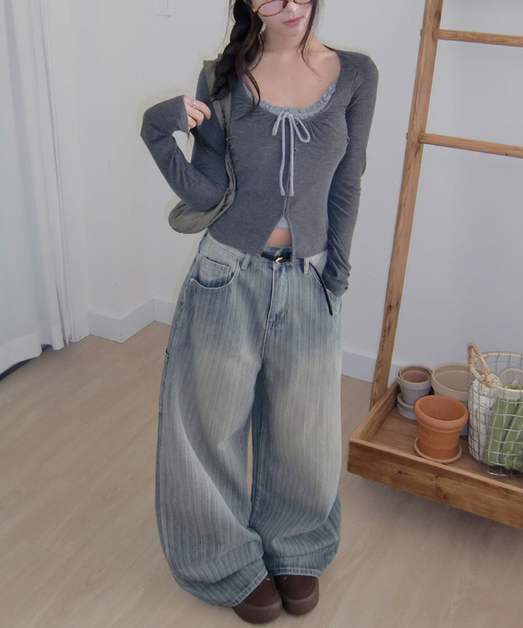 MADE 헤르츠 빈티지 스트라이프 데님 워싱 백포인트 와이드 팬츠 블루