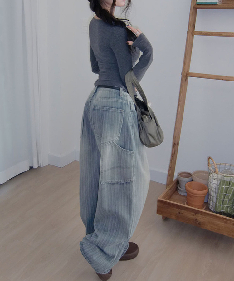 MADE 헤르츠 빈티지 스트라이프 데님 워싱 백포인트 와이드 팬츠 블루