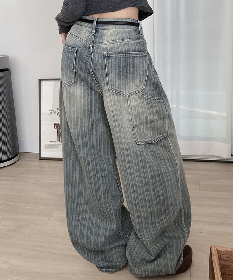 MADE 헤르츠 빈티지 스트라이프 데님 워싱 백포인트 와이드 팬츠 블루