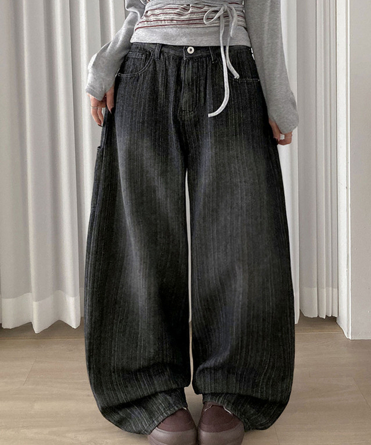 MADE 헤르츠 빈티지 스트라이프 데님 워싱 백포인트 와이드 팬츠 블랙