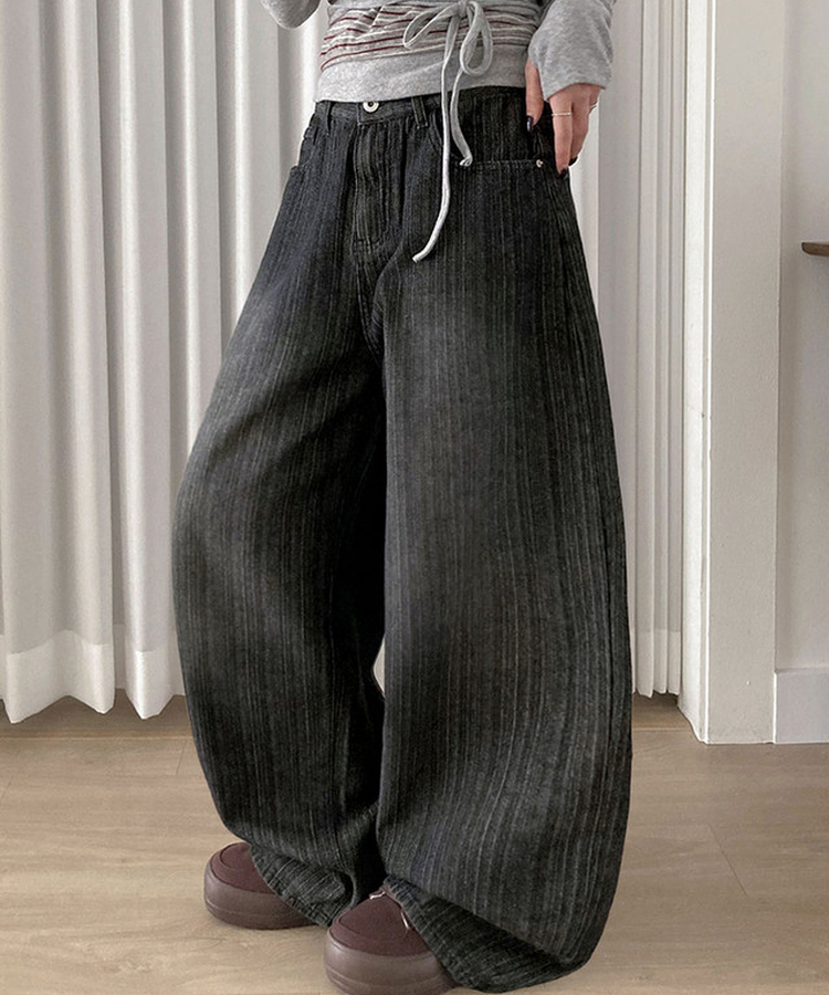 MADE 헤르츠 빈티지 스트라이프 데님 워싱 백포인트 와이드 팬츠 블랙