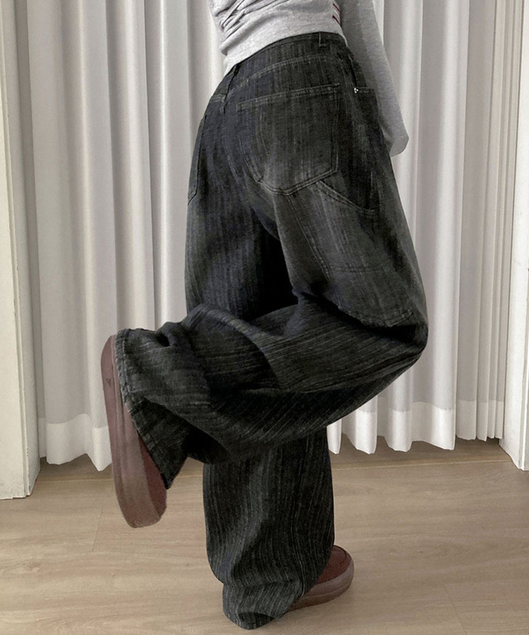 MADE 헤르츠 빈티지 스트라이프 데님 워싱 백포인트 와이드 팬츠 블랙