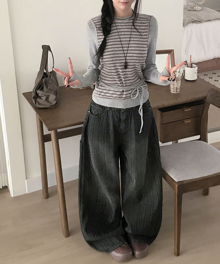 MADE 헤르츠 빈티지 스트라이프 데님 워싱 백포인트 와이드 팬츠 블랙